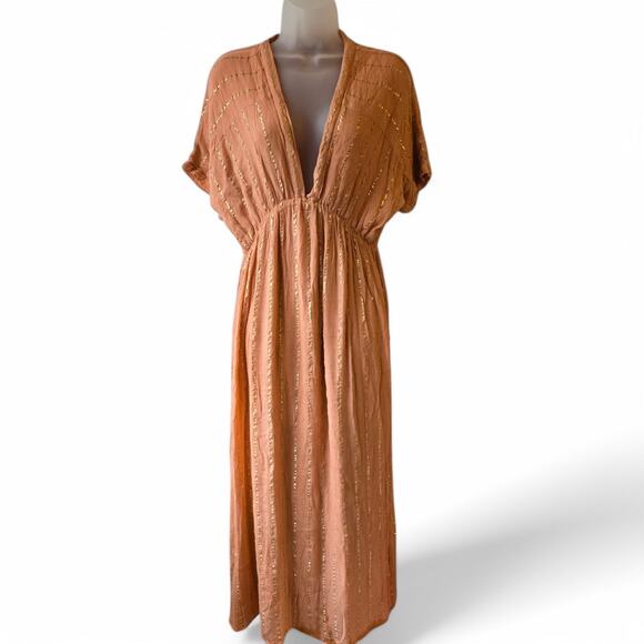 Lulus Goddess Vibes Rusty Rose Gold Striped Dolman Sleeve Maxi Dress Ethereal L - Picture 1 of 15